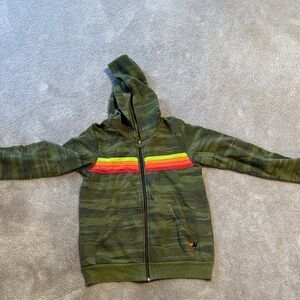 Aviator Nation Kids Green Camouflage Hoodie with Rainbow Stripe